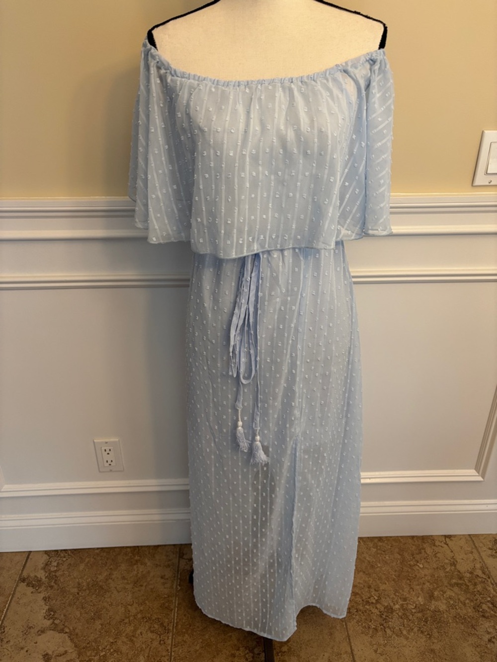 Light Blue Off-Shoulder Maxi Dress with Tassel Waist